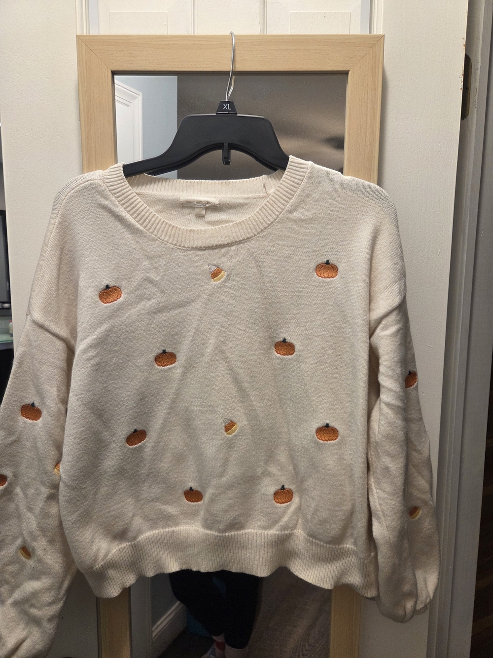 moon & madison Cream Crewneck Sweater with Orange Pumpkin Embroidery